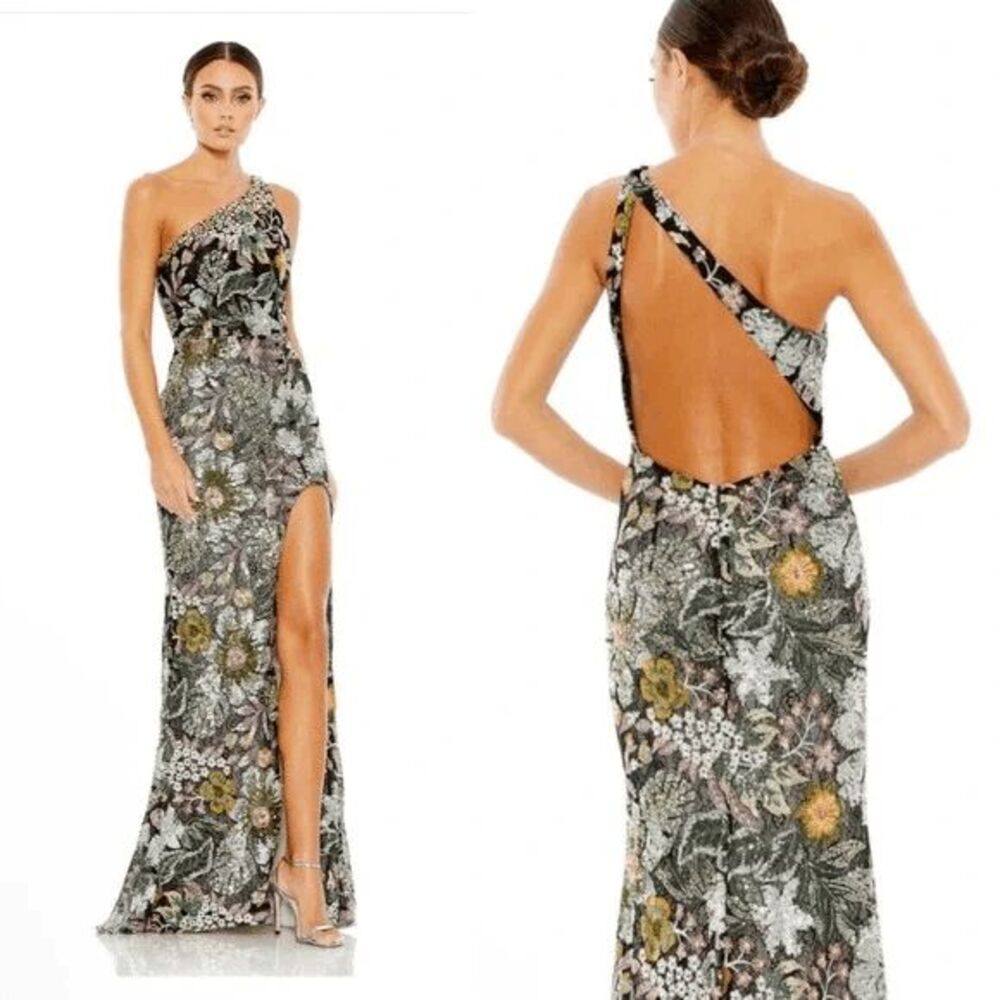 Mac Duggal Embellished Floral One Shoulder Gown 49574 Black Multi Size 0 - Picture 2 of 14